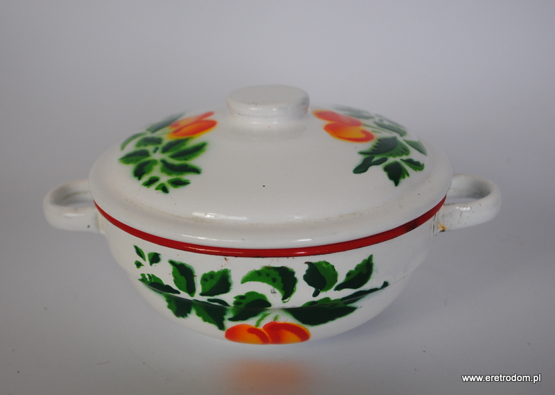Silesia Rybnik zestaw emalia z owocami misa imbryk dzbanek