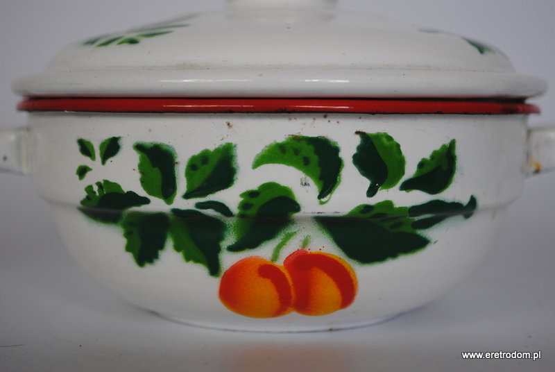 Silesia Rybnik zestaw emalia z owocami misa imbryk dzbanek