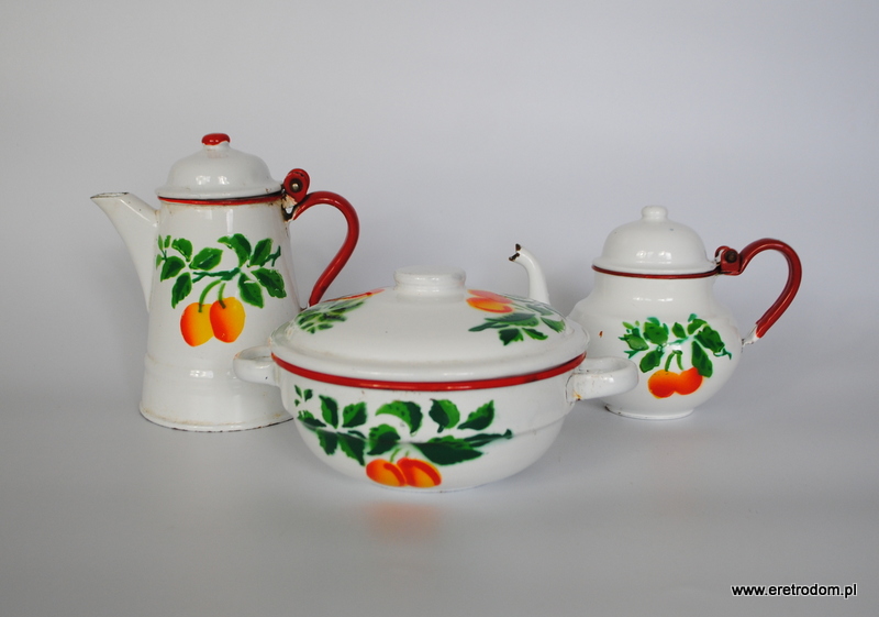 Silesia Rybnik zestaw emalia z owocami misa imbryk dzbanek