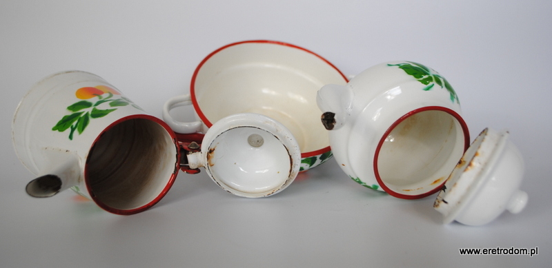 Silesia Rybnik zestaw emalia z owocami misa imbryk dzbanek