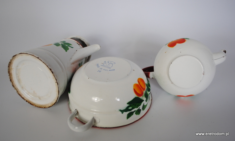 Silesia Rybnik zestaw emalia z owocami misa imbryk dzbanek