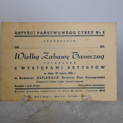Cyrk nr 6 ulotka zaproszenie Wielka Zabawa Taneczna 1956 rok