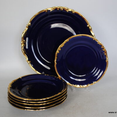 Tułowice 6+1 zestaw do ciasta patera talerzyki deserowe kobalt i złoto